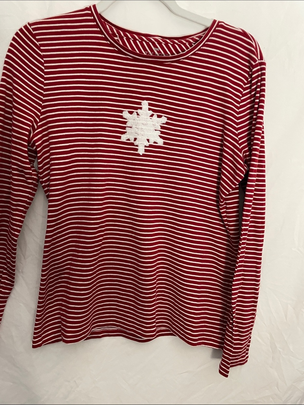 Talbots Red and White Striped 100% Cotton Top w/ sequined snowflake